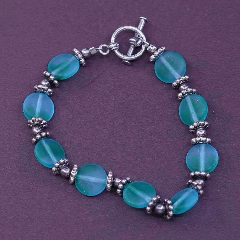 Vintage handmade 6 solid 925 silver clasp with green glass bracelet silver tested 330732 bracelet