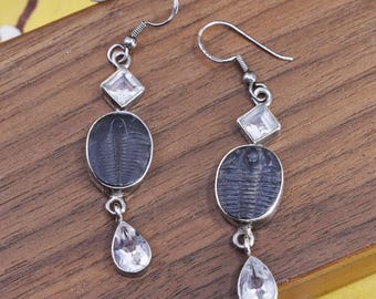 Vintage Sajen 925 Silver Trilobite Fossil Drop Earrings, Clear Quartz Dangle Earrings, Artisan Nature Sterling Statement jewelry, stamped SJ