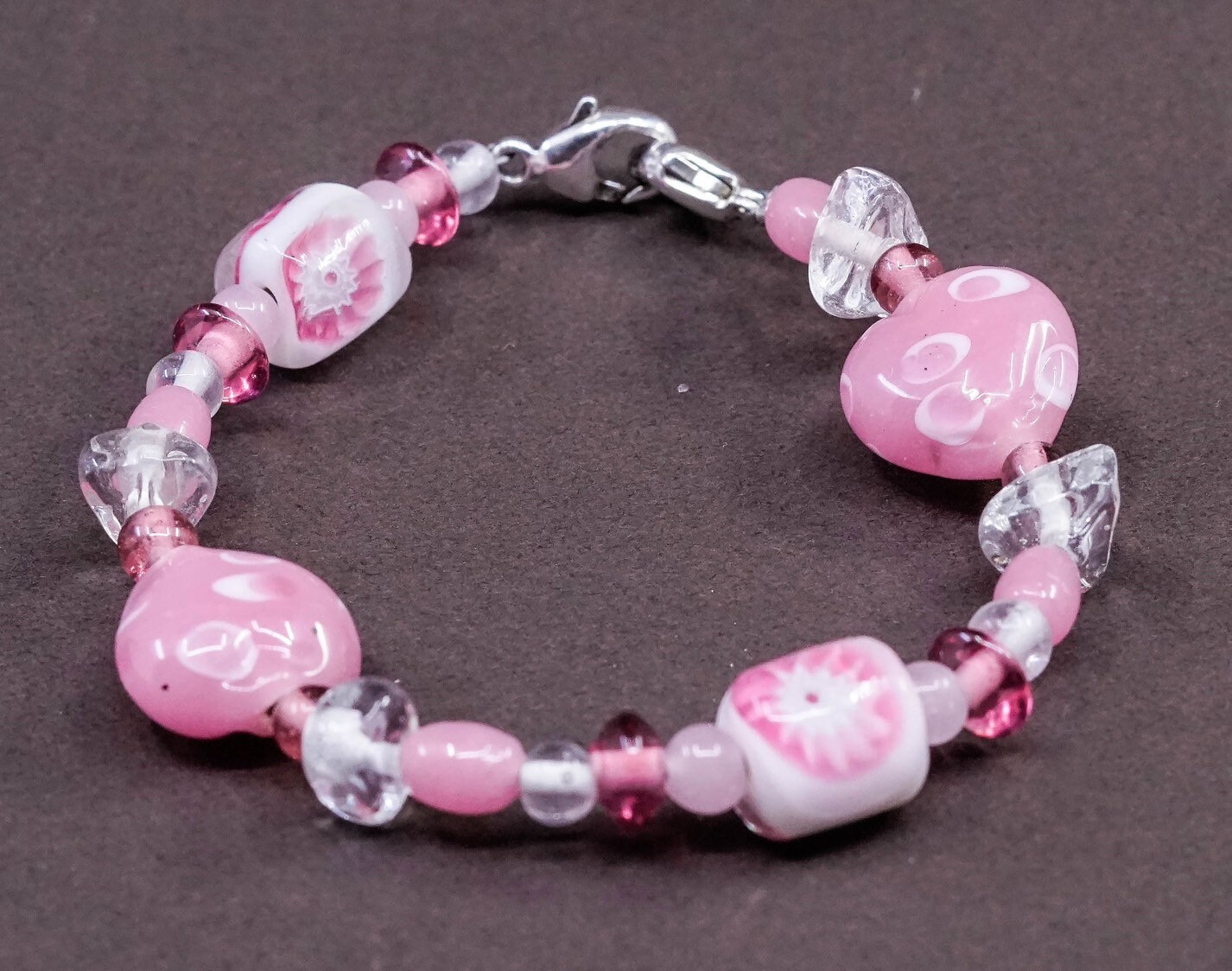 6”, Vintage (330221) Handmade Bracelet, Pink Artisan Glass