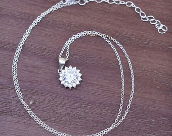 16+2”, 1mm, vintage Sterling silver necklace, 925 circle chain with Cz pendant, stamped 925