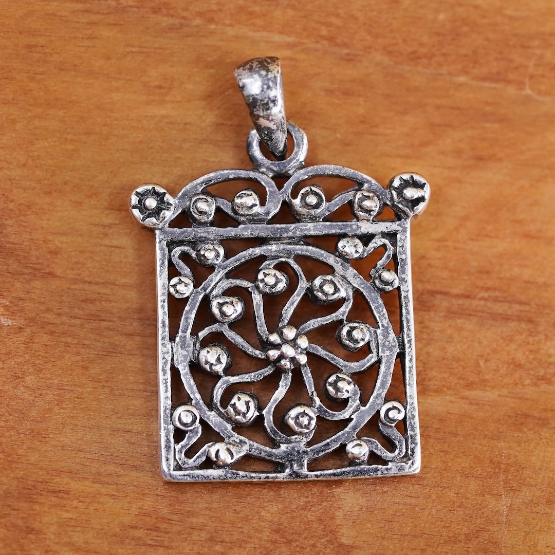 Vintage Sterling 925 Silver Handmade Pendant, Filigree Square Pendant ...