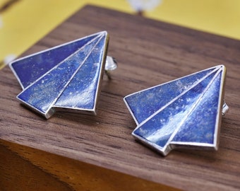 Pendientes hechos a mano de plata de ley zuni nativo americano, 950 tachuelas de lapislázuli, estampado 950