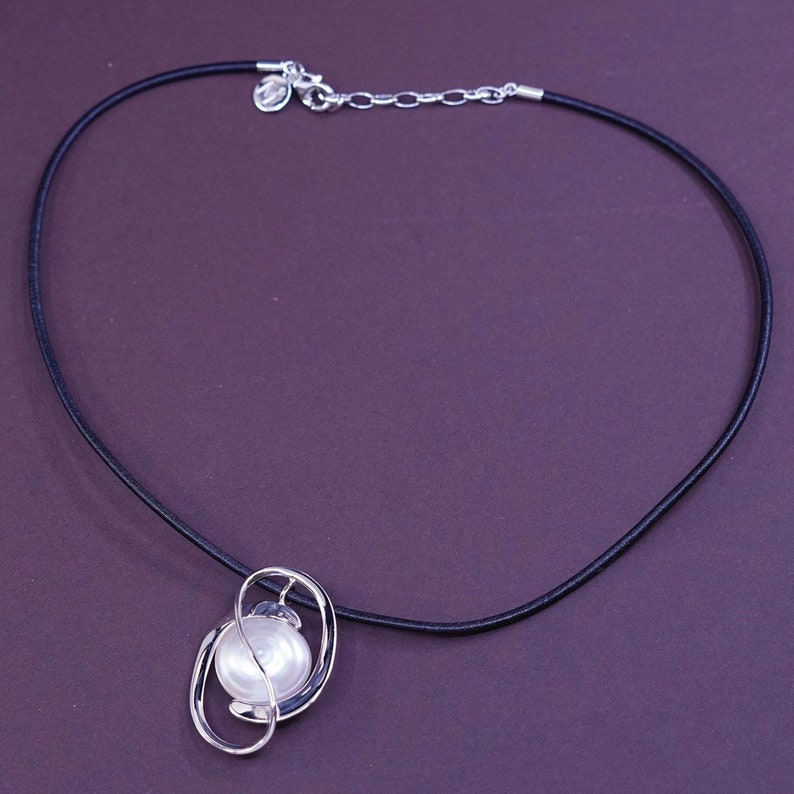 vintage 340210 stamped 925 M 925 silver pearl Pendant with leather chain 15+2 Sterling silver handmade necklace