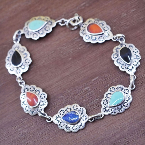 6”, repaired Carolyn Pollack Sterling 925 silver teardrop link bracelet with lapis lazuli onyx and carnelian inlay, silver tested