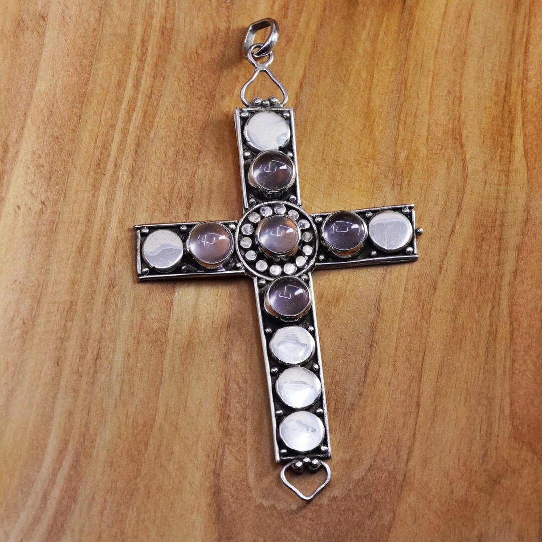 Vintage Sterling Silver Handmade Pendant, Huge 925 Cross With Moonstone ...