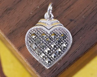 Vintage Sterling silver handmade pendant, heart 925 pendant with marcasite details, stamped 925