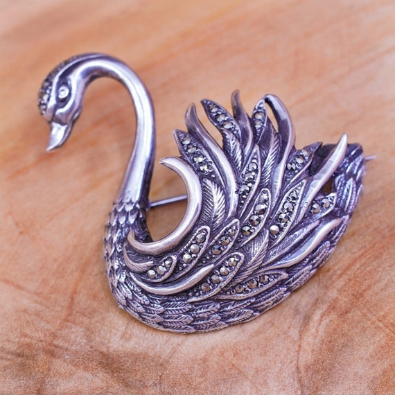 Vintage handmade sterling 925 silver swan bird br… - image 1