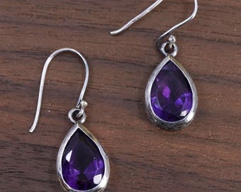 Vintage Sterling 925 silver handmade teardrop earrings with amethyst and beads details, stamped 925