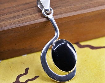 Vintage mexikanische Sterling 925 Silber handgefertigte Anhänger mit ovalem Onyx-Inlay, gestempelt 925 Mexico