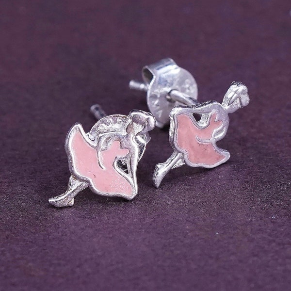 Vintage (300752) Sterling silver handmade earrings, solid 925 silver lady girl studs with pink enamel dress, stamped 925 TMA