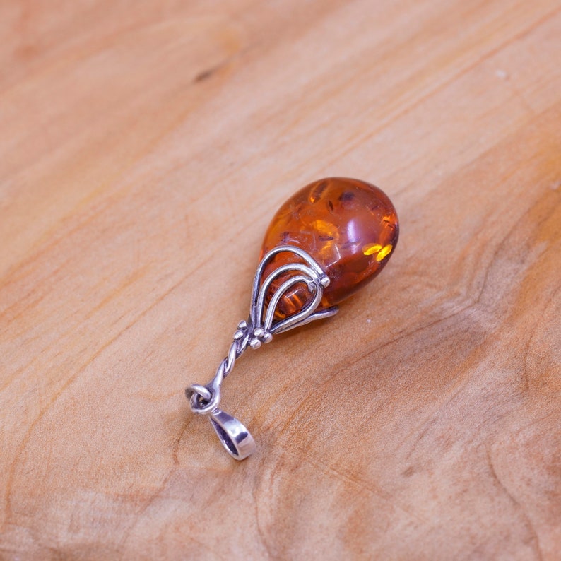 stamped 925 Vintage Sterling 925 silver handmade teardrop pendant with Amber pendant