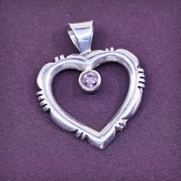 Vintage (321138) Sterling silver heart shaped handmade pendant, solid 925 silver with amethyst, stamped 925