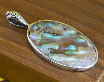 Ciondolo vintage a doppia faccia fatto a mano in argento sterling, ovale del Messico 925 con intarsio in abalone, timbrato 925