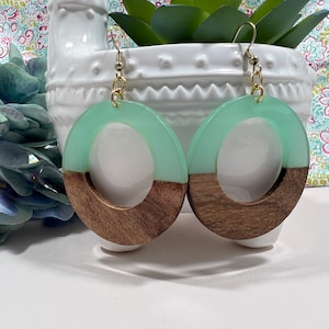 Dangle Earrings, Green and Wood Hoop Earrings, Sea Glass and Wood Inspired Earrings, Large Hoop Dangle Earrings