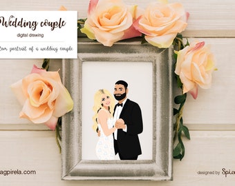 Custom digital portrait of wedding couple, groom and bride, personalized illustration wedding couple any pose, with pets, champagne and more