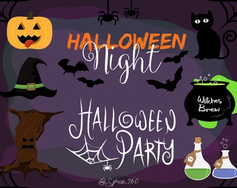 Halloween Vector Bundle / Halloween Night Sign Party Clipart - Vector - Shirt - Mug - Eps - Svg Files / Witches - Cauldron - Pumpkin