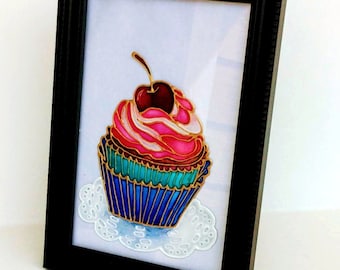 Stained Glass Cupcake, Glass Painting Cake, Small Painted Glass, Gift Glass Panell, Hand Painted, Birthday Card, Glass Art, Dessert