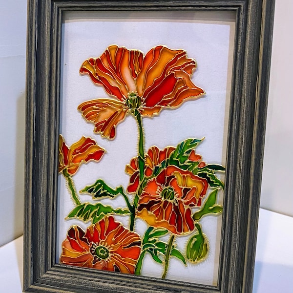 Poppy Stained Glass, Poppy Glass Painting, Small Painted Glass, Gift Glass Panel, Hand Painted, Birthday Card, Glass Art