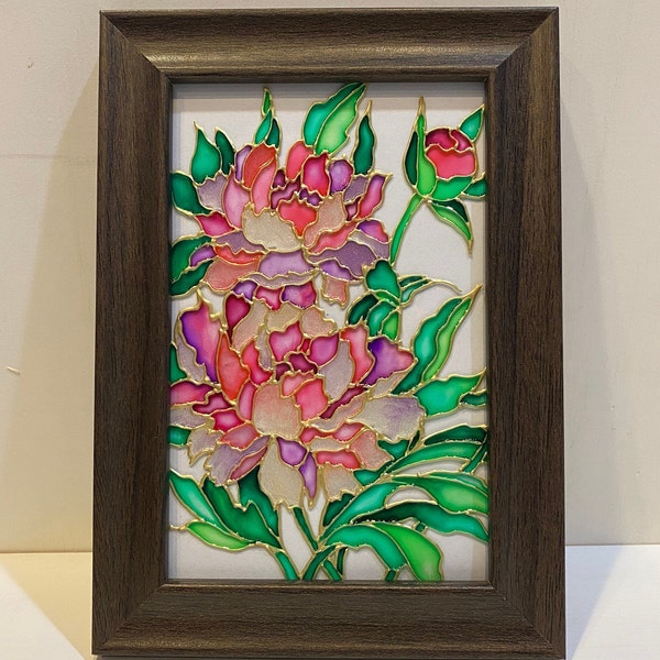 Stained Glass Pink Peony, Painting Peony on Glass, Small Painted Glass, Gift Glass Panel, Hand Painted, Birthday Card, Glass Art