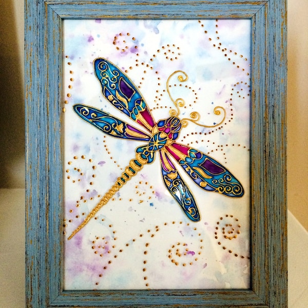 Stained Glass Dragonfly, Glass Painting, Small Painted Glass, Gift Glass Panel, Hand Painted, Table Postcard, Birthday Card, Glass Art