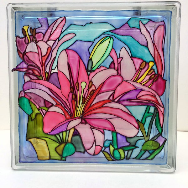 Lily de bloc de verre taché, verre peint à la main d’art, bloc de verre d’art, lumière de Nigth, peinture de verre, éclairage de chambre à coucher, fleurs de lampe, suncatchers