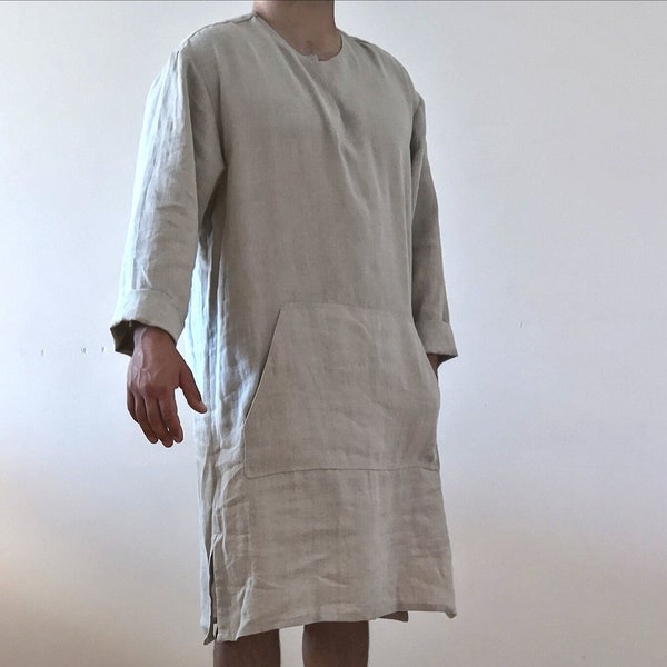 Chemise de nuit en lin pour hommes. Chemise en lin toutes tailles. Vêtements de détente pour hommes. Chemise en lin naturel. Vêtements de nuit en lin pour hommes. Chemise longue en lin lavé.