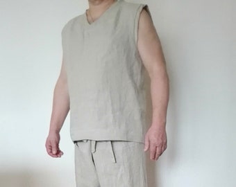 LINEN TANK TOP.Linen t shirt.Linen top.Sleeveless shirt.Yoga shirt . Men linen robe.Men linen pajama.Designed and made by Anberlinen