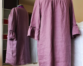 Linen dress/Plus size nightgown /Calf length nightgown/Stone washed Lithuanian linen /Linen pajamas/purple linen dress.made by Anberlinen