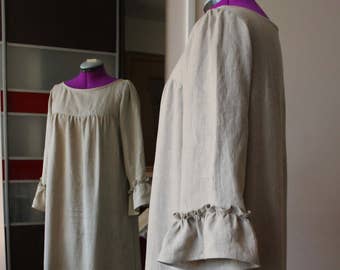 Natural Linen nightgown/ankle length night gown/Linen dress/Ruffled linen/Plus size linen/designed and made by Anberlinen