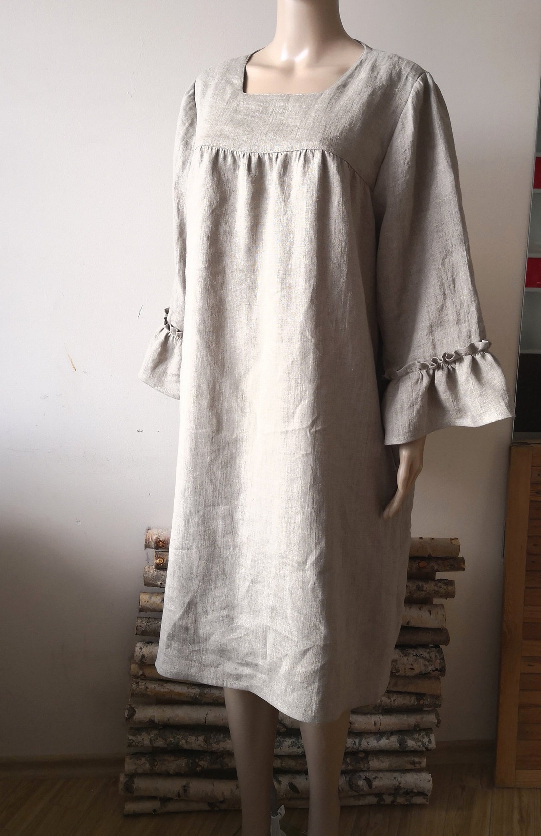 Linen Dress/knee Length Linen Dress/organic Linen Dress/xs-3xl/ Ruffled ...