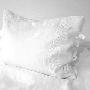 Linen pillowcase.Crochet lace pillowcase. White pillowcase 4 designs. Natural undyed pillowcase 2 design.Organic pillow cover .linen bedding