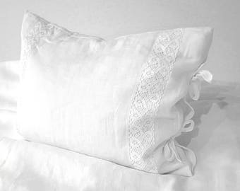 Linen pillowcase.Crochet lace pillowcase. White pillowcase 4 designs. Natural undyed pillowcase 2 design.Organic pillow cover .linen bedding