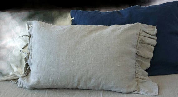 Linen pillowcase .Ruffled Linen sham Linen Pillowcase Stone Washed Sham