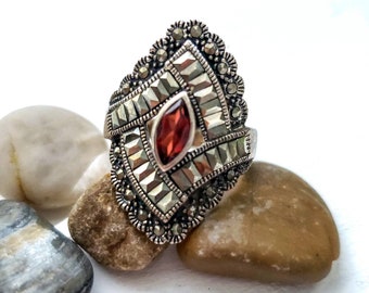 Medieval Antique Estate Red Stone Vintage Ring, Filligree French Design Ring, Size 9.25 Vintage Silver Ring,