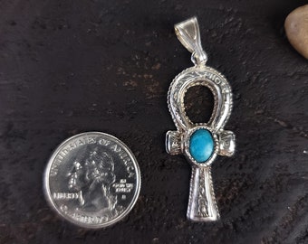 Silver Ankh Cross, Egyptian Hieroglyph Cross, Christian Cross, Ankh Charm, Cross Pendant, Silver Ankh with Turquoise