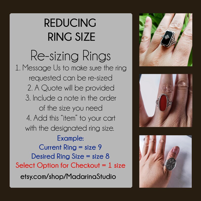 May include: Instructions on how to resize rings. The text includes the steps to resize a ring, an example of how to select the correct size, and a link to the Etsy shop. The image also shows three rings on fingers.