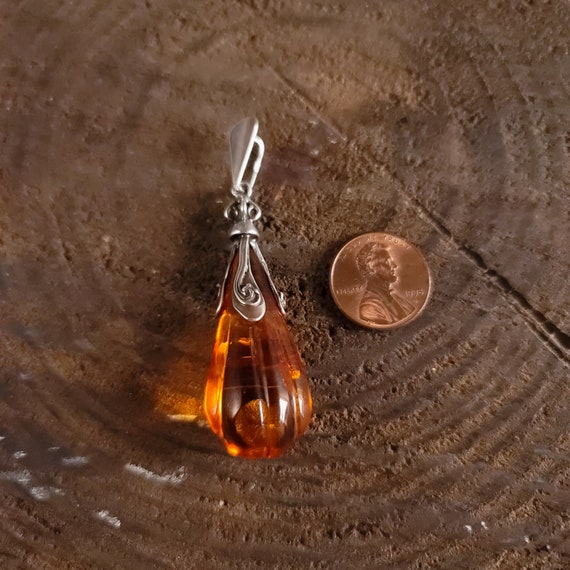 Silver Amber Teardrop Pendant,Mother's Day Pendan… - image 1