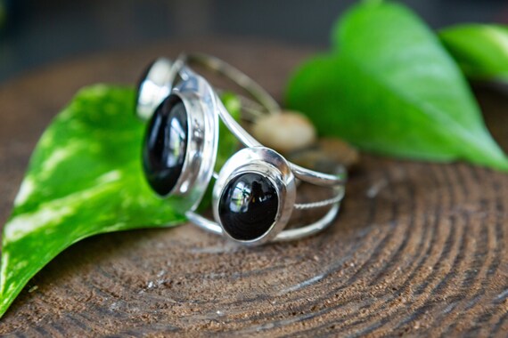 Sterling Silver Onyx Color Stone Open Bangle Cuff… - image 3
