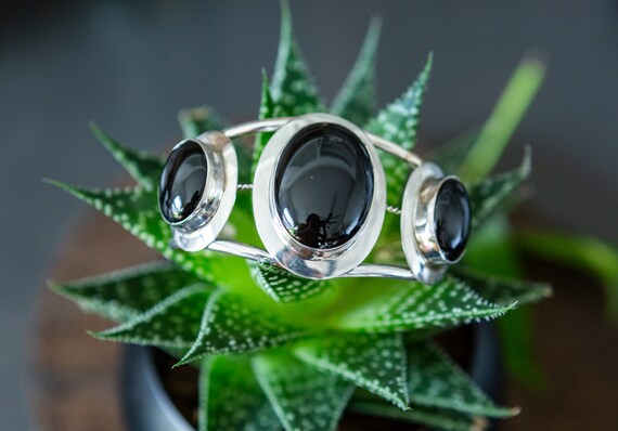 Sterling Silver Onyx Color Stone Open Bangle Cuff… - image 6