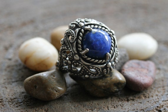 Vintage Statement Ring Blue Lapis Color Stone, Me… - image 2