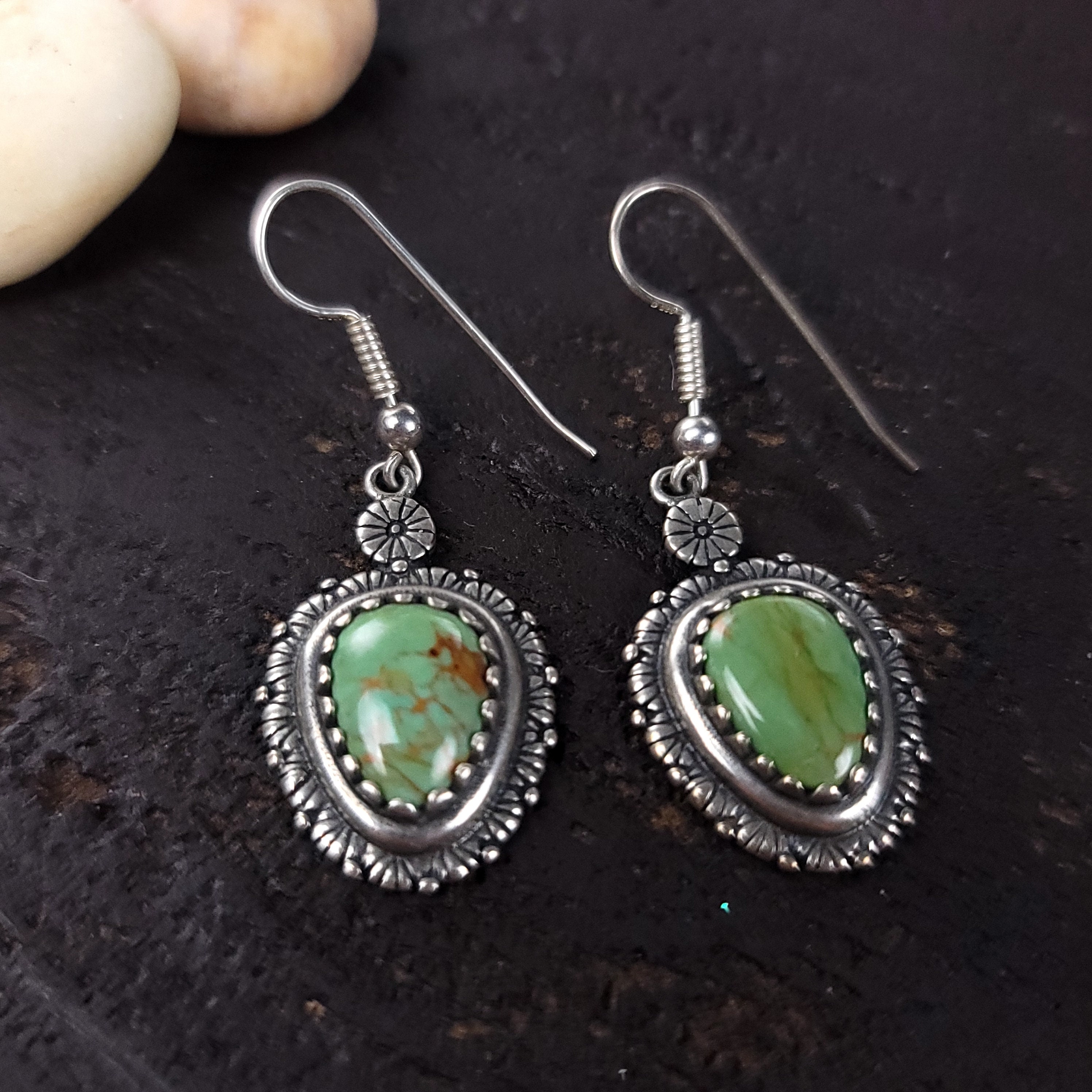 Silver Turtle Shell Stone Dangle Earrings, Forrest Green