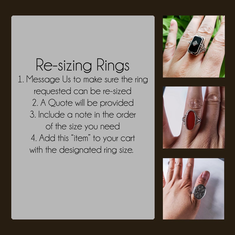 May include: Re-sizing Rings: Message Us to make sure the ring requested can be re-sized. A Quote will be provided. Include a note in the order of the size you need. Add this "item" to your cart with the designated ring size.