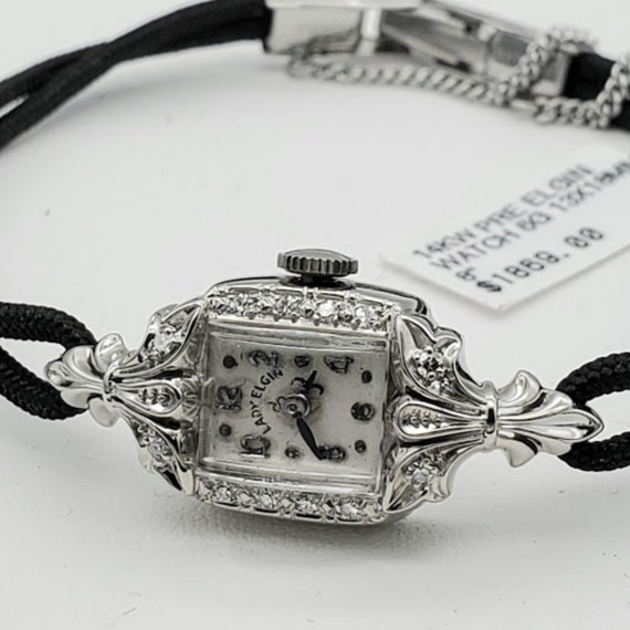 14K White Gold Elgin Watch, Black Corded Watch Ba… - image 3