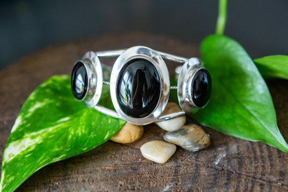 Sterling Silver Onyx Color Stone Open Bangle Cuff… - image 5