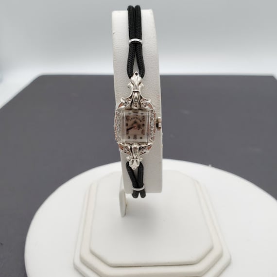 14K White Gold Elgin Watch, Black Corded Watch Ban