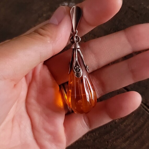 Silver Amber Teardrop Pendant,Mother's Day Pendan… - image 3