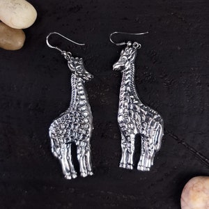 MOM!! Silver Giraffe Dangle Earrings, Metal Press Earrings, Giraffe Statement Earrings, Unique Giraffe Jewelry, Silver Safari Earrings