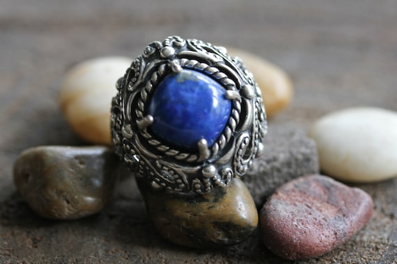 Vintage Statement Ring Blue Lapis Color Stone, Me… - image 1