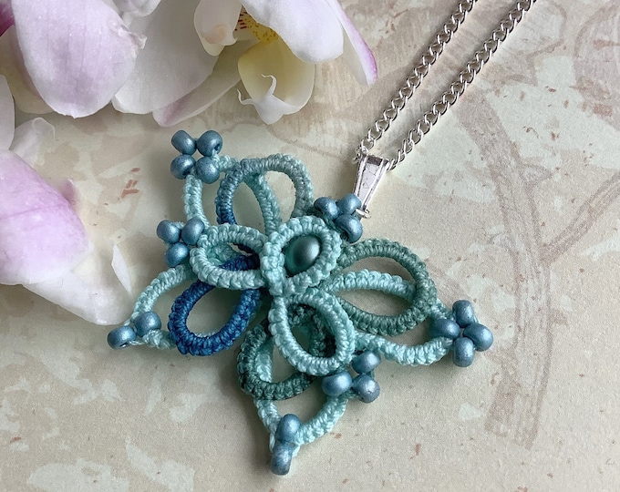 Butterfly pendant in blue and green cotton lace with glass bead. Elven blue tatting lace butterfly necklace. Delicate gift for her.