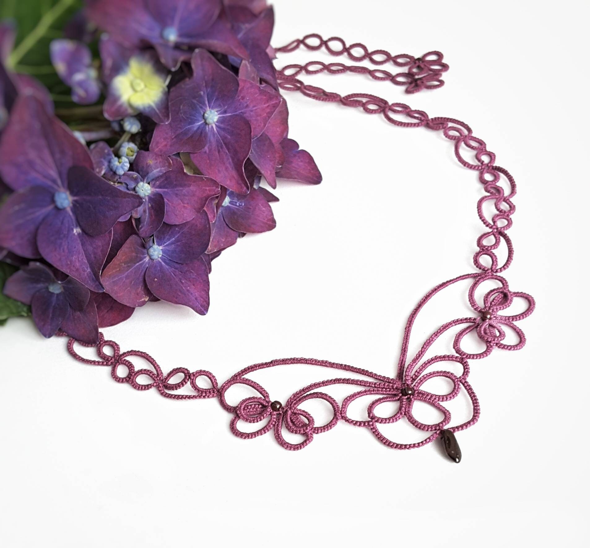 Romantic Purple Beaded Lace Necklace Art Nouveau Necklace With